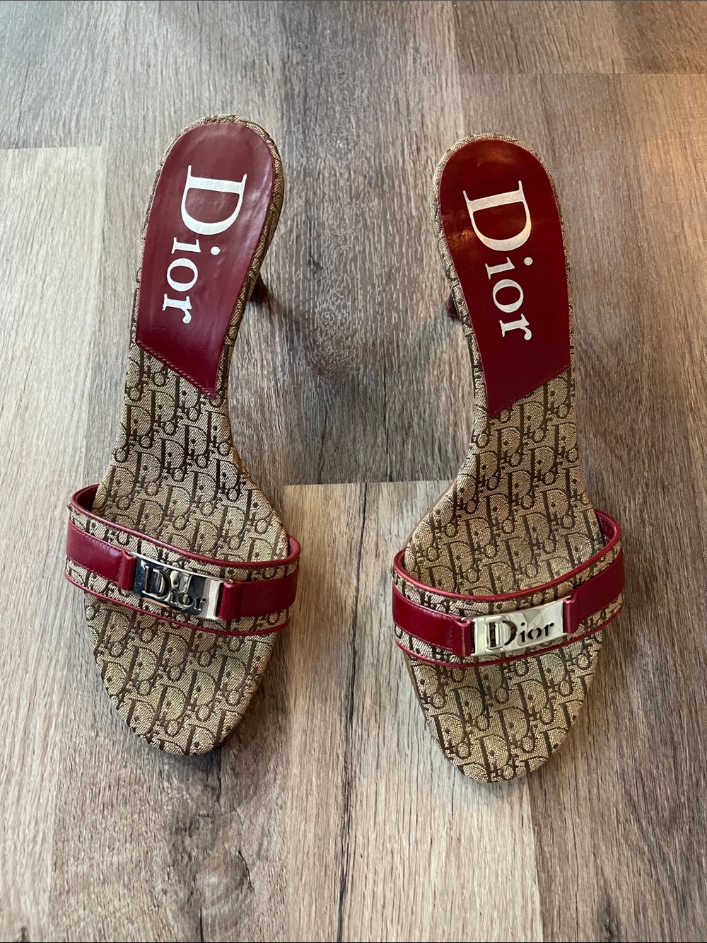Authentic Dior Red Logo-Trim Slide Heels